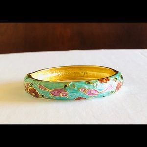 Vintage Tropical Bird Aqua Enamel Bangle Bracelet